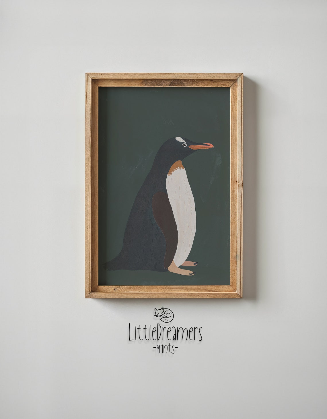 Penguin With Orange Beak On Forest Green Minimalist Nursery Art Poster