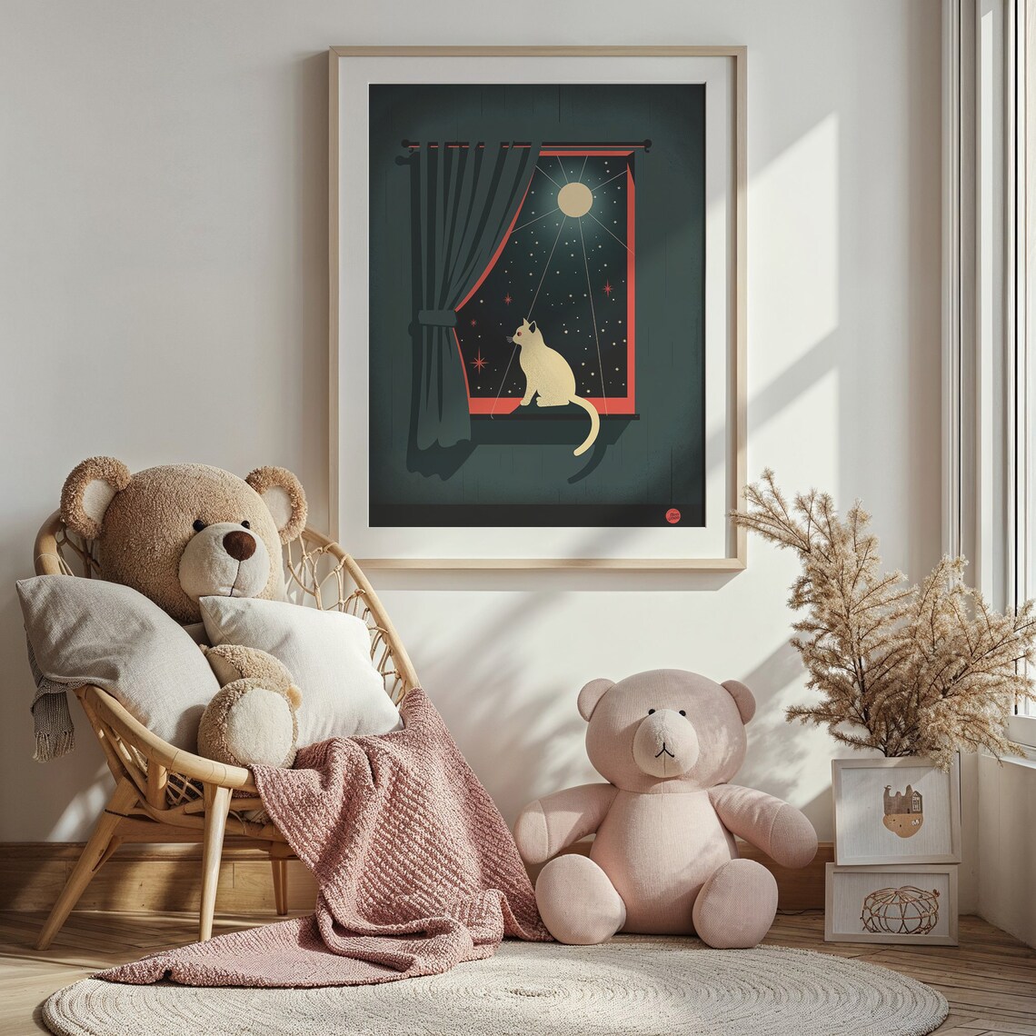Cat Stargazing At Full Moon Through Window Celestial Nursery Wall Art Poster - Image 2