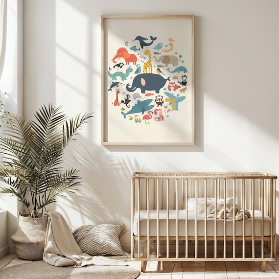 Safari Animals Collage Elephant Giraffe Whale Colorful Kids Art Print