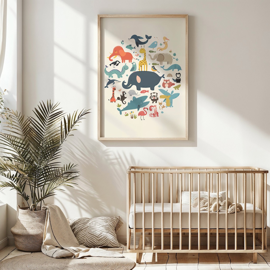 Safari Animals Collage Elephant Giraffe Whale Colorful Kids Art Print