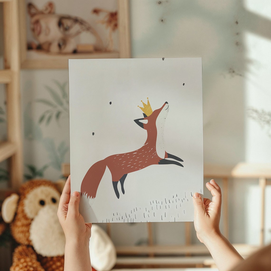 Rust Red Fox Gold Crown Leaping Minimalist Neutral Nursery Wall Poster - Image 5