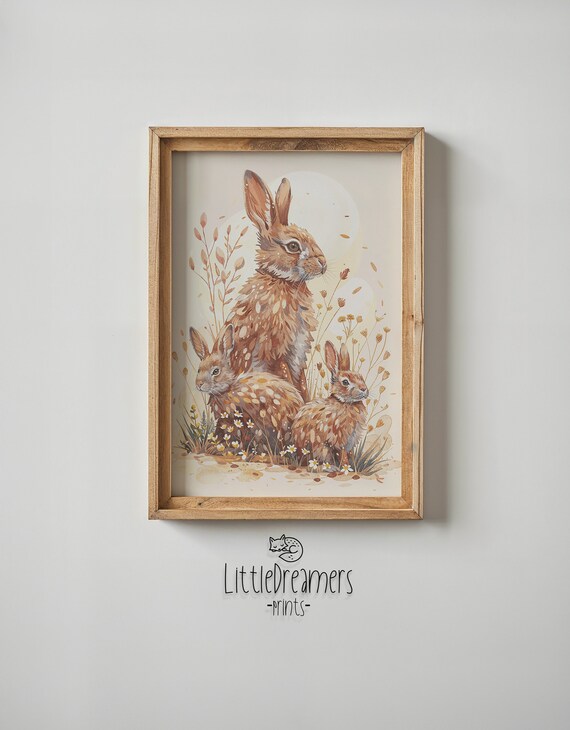 Bunny Family Watercolor Three Rabbits With Daisies Nursery Art Print
