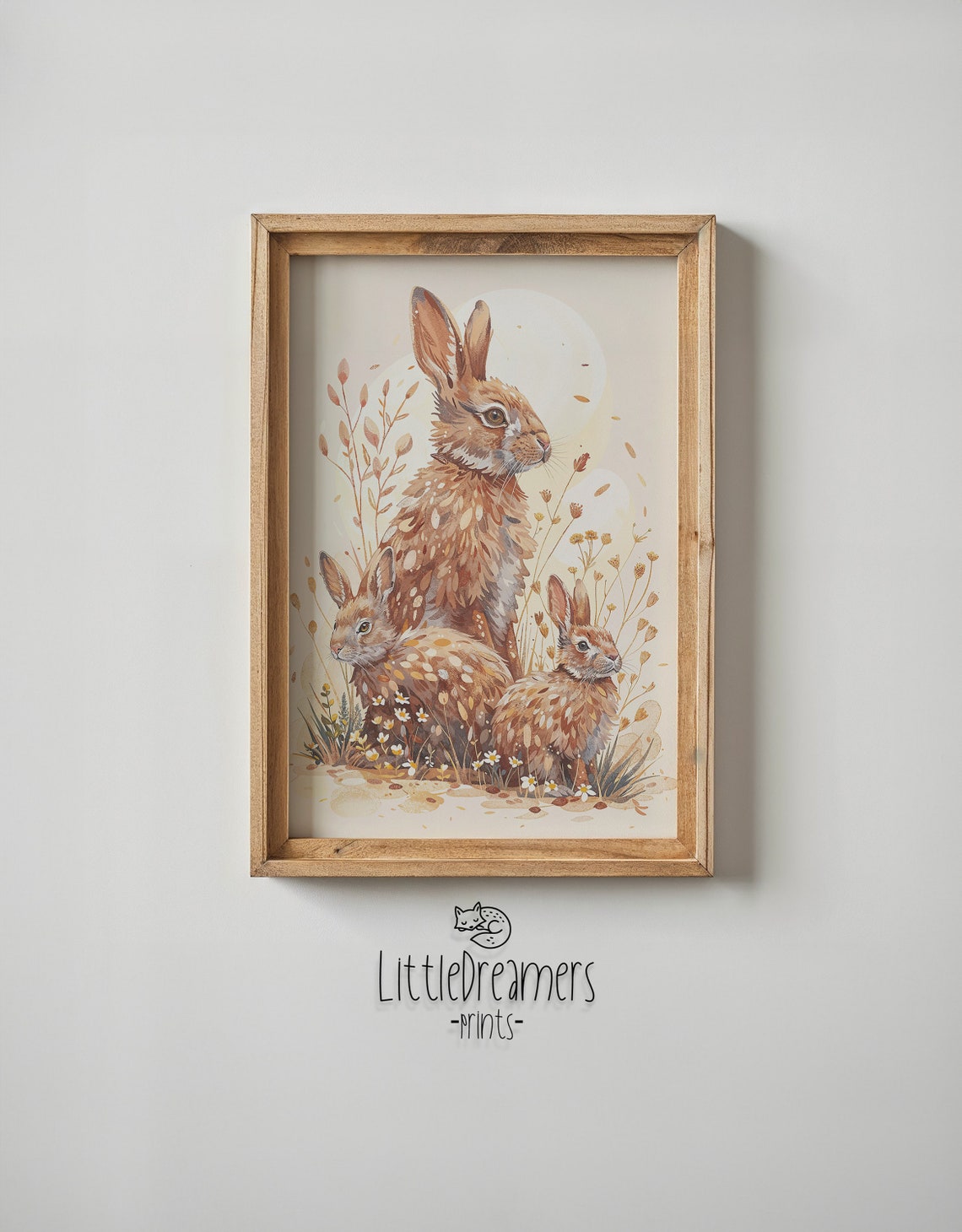 Bunny Family Watercolor Three Rabbits With Daisies Nursery Art Print