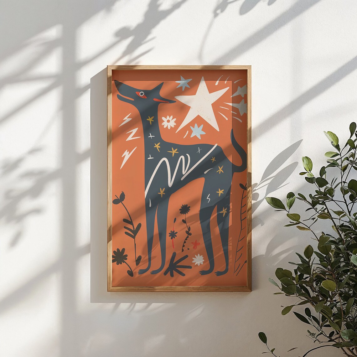 Bold Black Dog Orange Starry Sky Folk Art Animal Wall Poster - Image 5