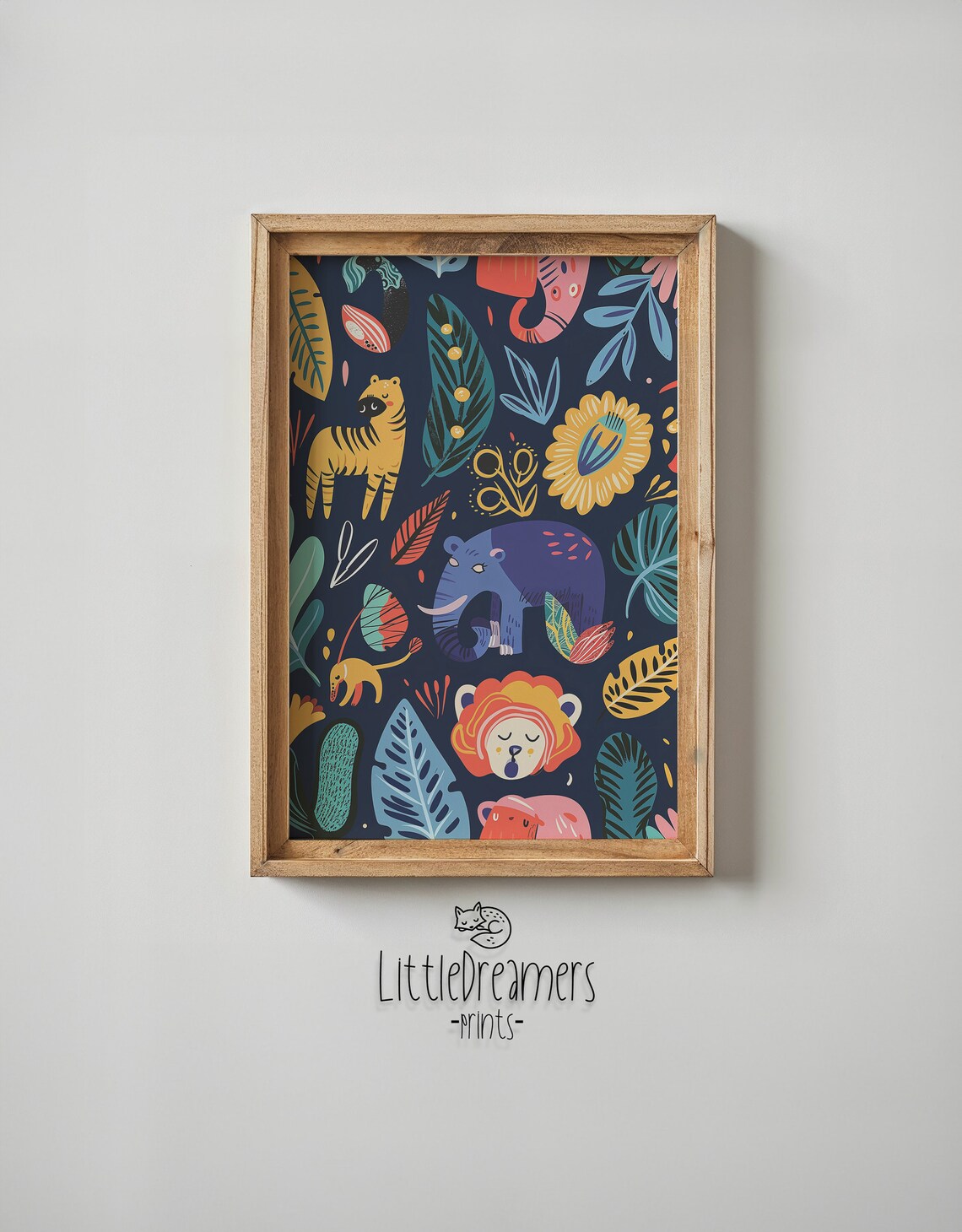Colorful Jungle Safari Animals Pattern Dark Navy Nursery Wall Art Print - Image 4