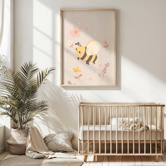 Bumble Bee Nursery Wall Art Kids Room Decor Spring Theme Poster Pastel Floral Baby Wall Art Instant Gift