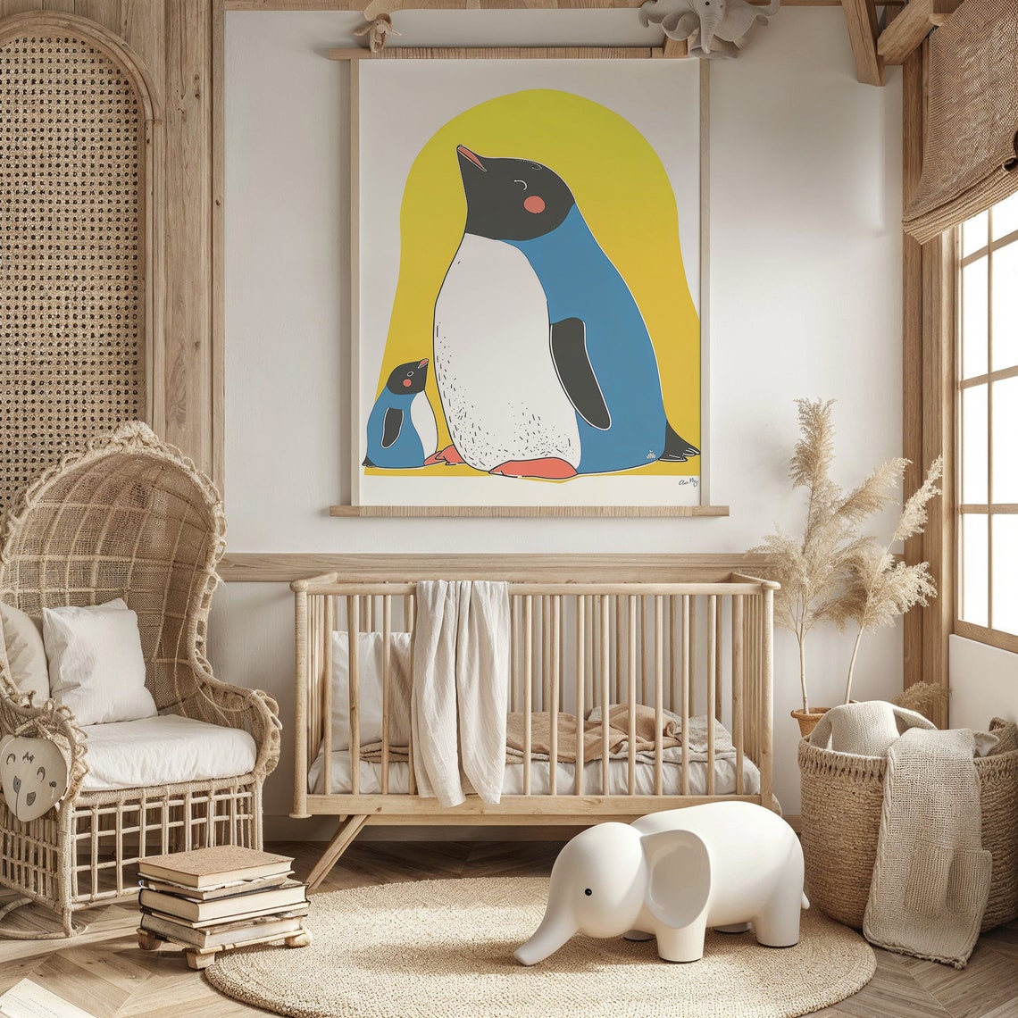 Penguin Parent And Chick Looking Up Mustard Arch Kids Poster - Image 3