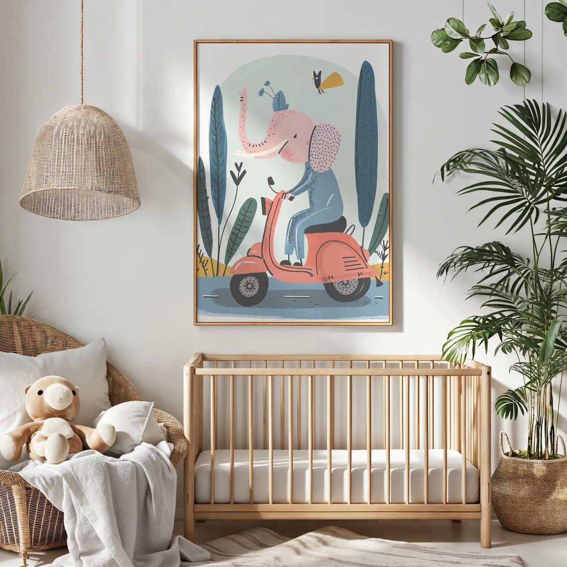 Elephant Riding Red Scooter Nursery Poster Playful Kids Bedroom Art - Image 3