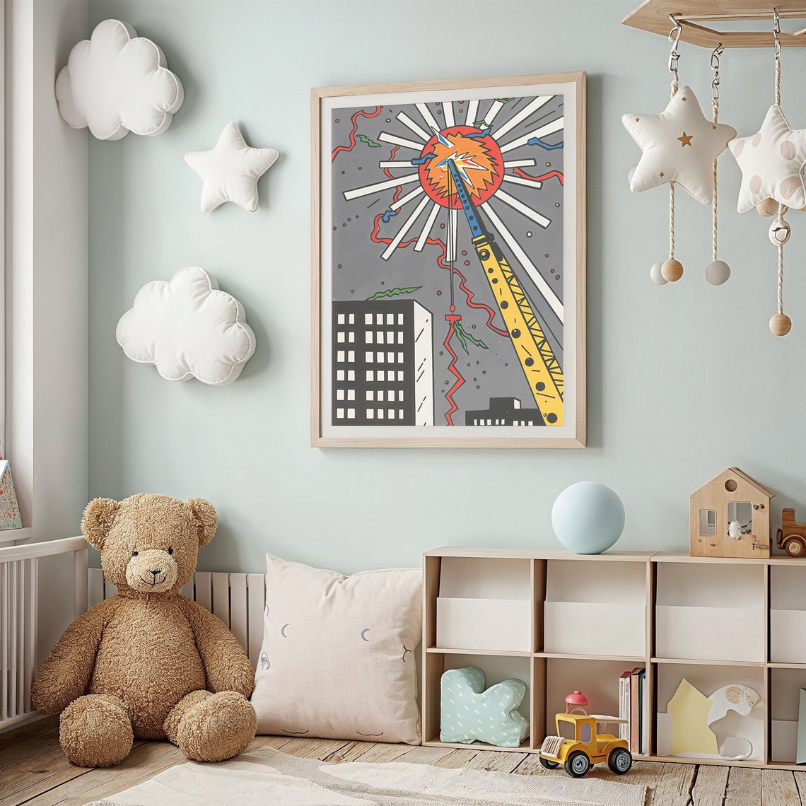 Pop Art Crane Lifting Sun City Building Bold Comic Wall Poster - Image 2