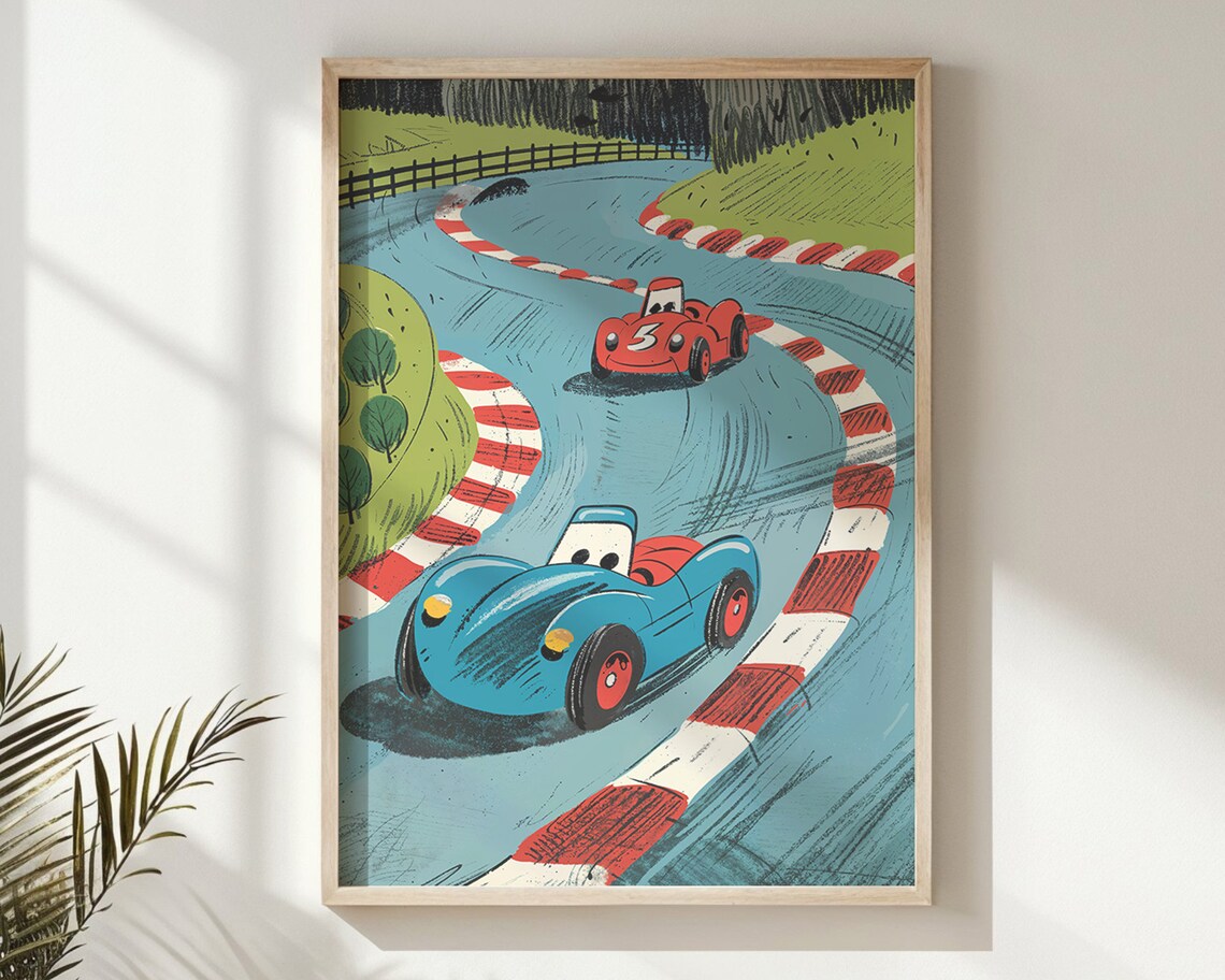 Cartoon Vintage Race Cars Winding Track Kids Boys Room Racing Poster