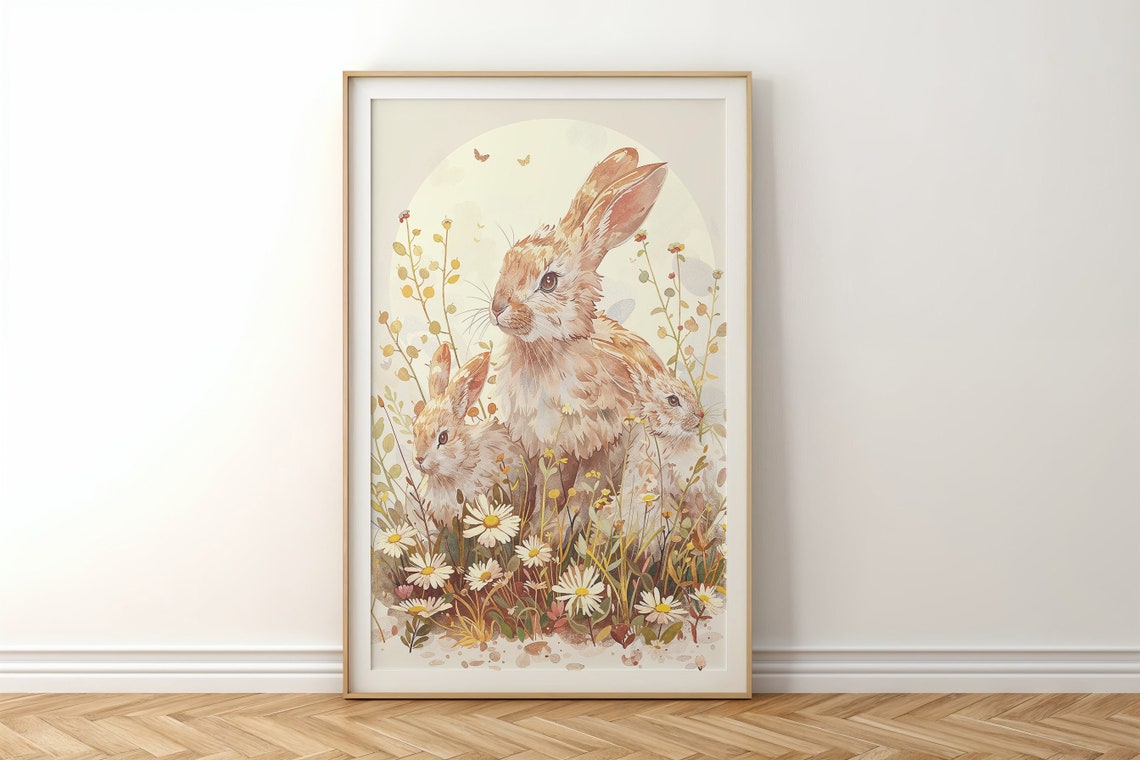 Spring Bunny Watercolor Rabbit With Daisies Floral Easter Art Print - Image 6