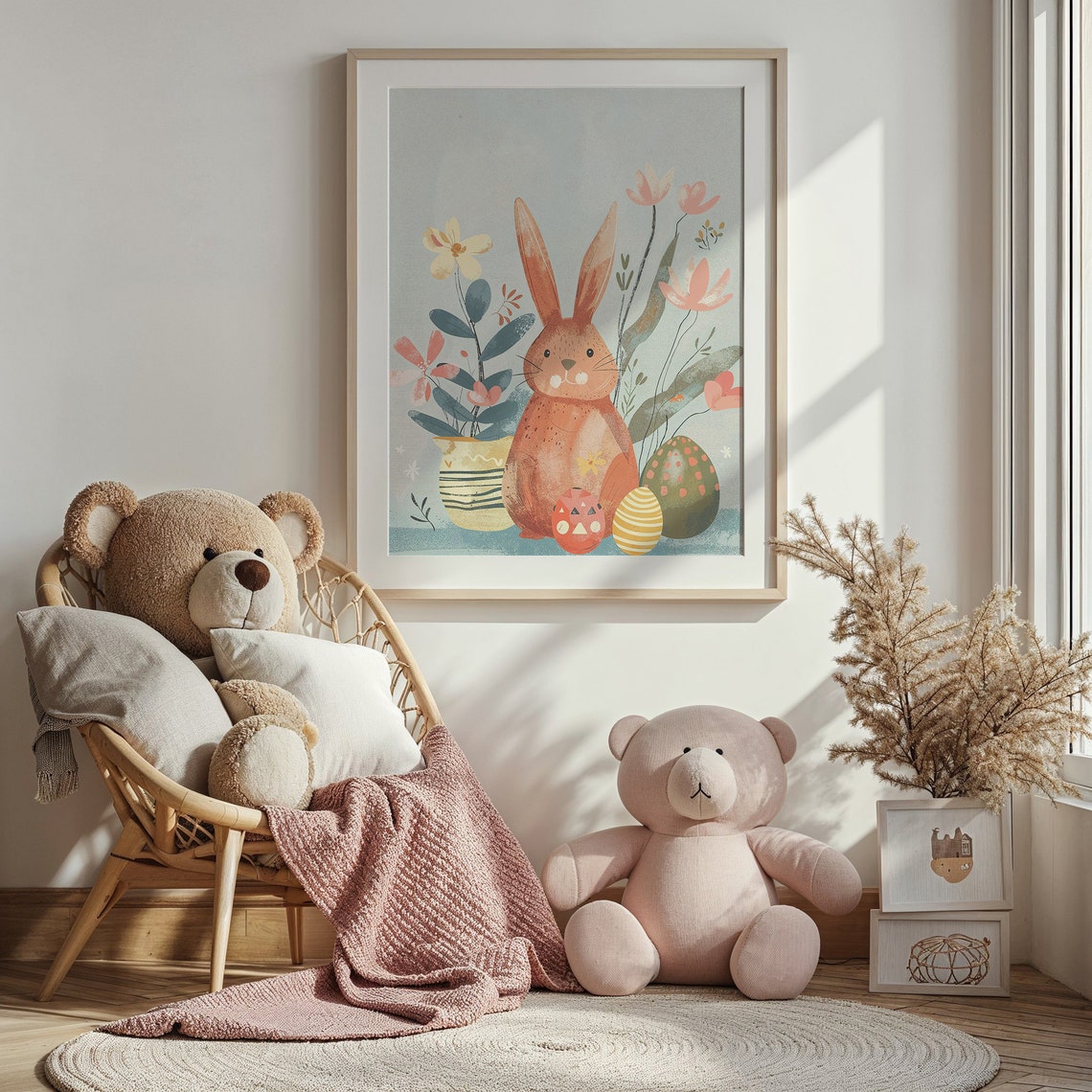 Orange Bunny With Easter Eggs And Flowers Pastel Spring Art Print - Image 3