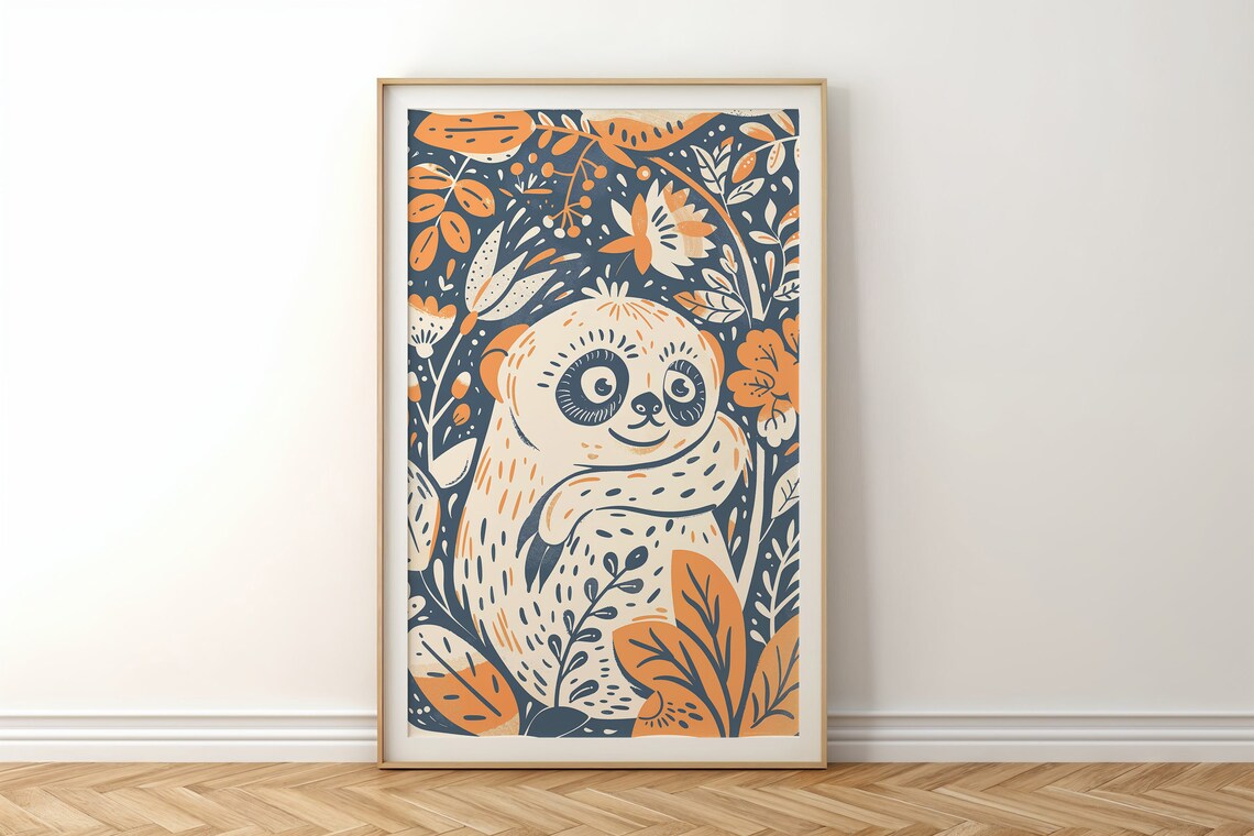 Cute Sloth Botanical Floral Illustration Orange Navy Kids Wall Art Poster - Image 6