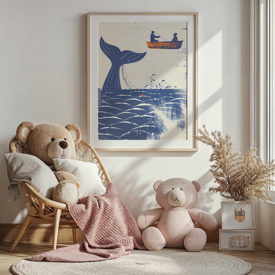 Whale Tail Two Fishermen Orange Boat Blue Cream Nautical Art Poster - Image 5