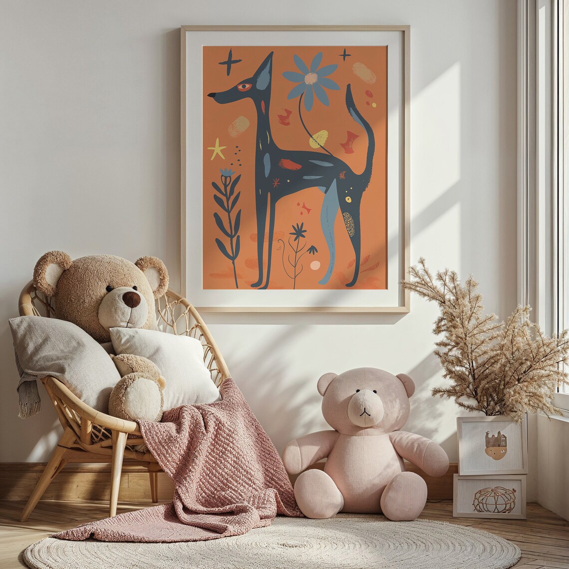 Sleek Black Dog Orange Sunset Stars Folk Art Animal Wall Poster - Image 4