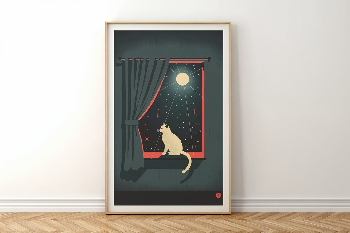 Cat Stargazing At Full Moon Through Window Celestial Nursery Wall Art Poster - Image 4