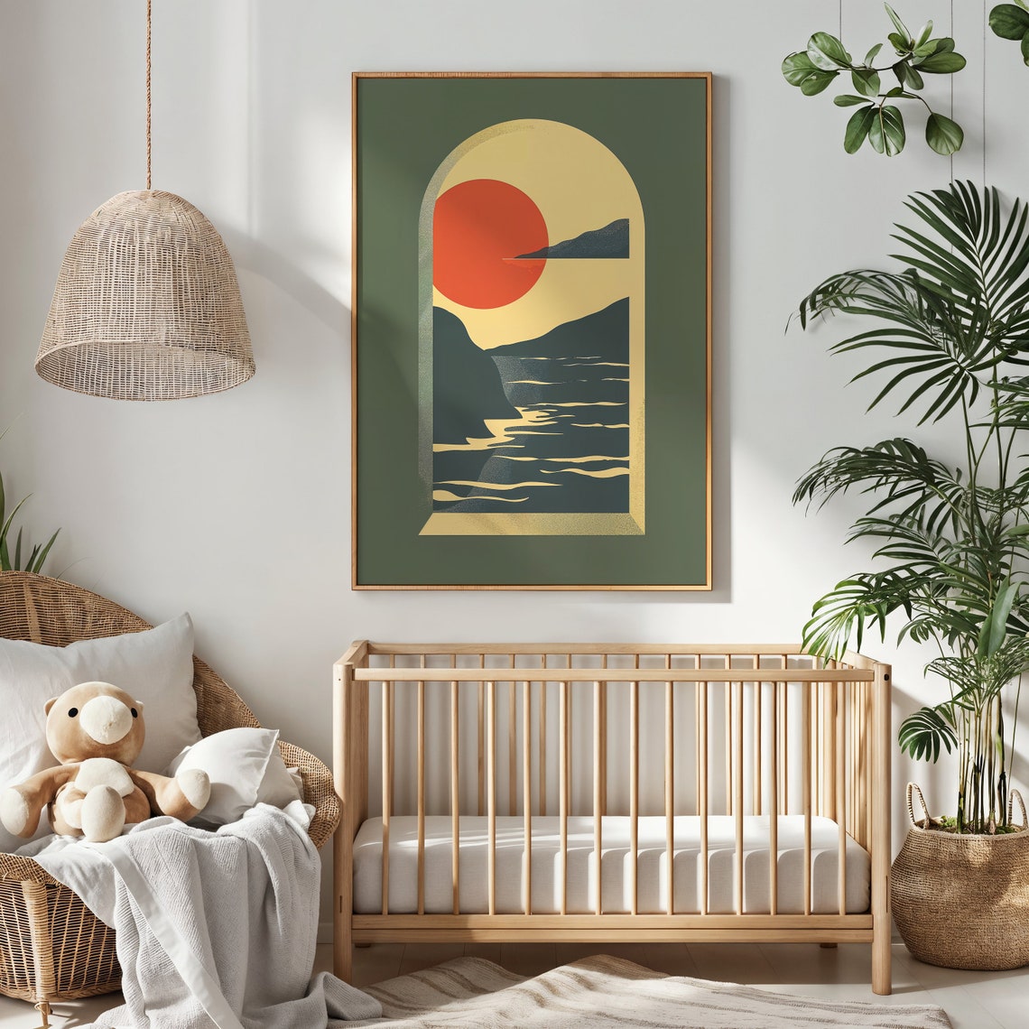 Burning Red Sun Over Ocean Waves Boho Archway Sunset Print Poster - Image 2