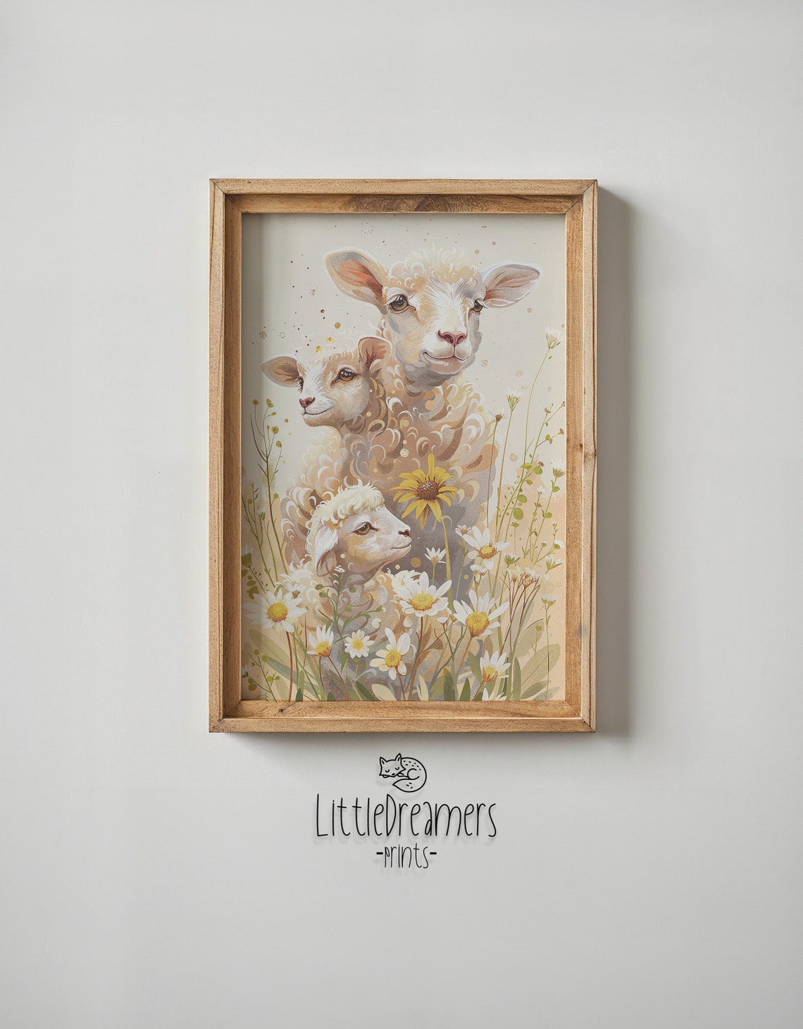 Mother Sheep And Two Lambs Daisy Meadow Watercolor Nursery Poster