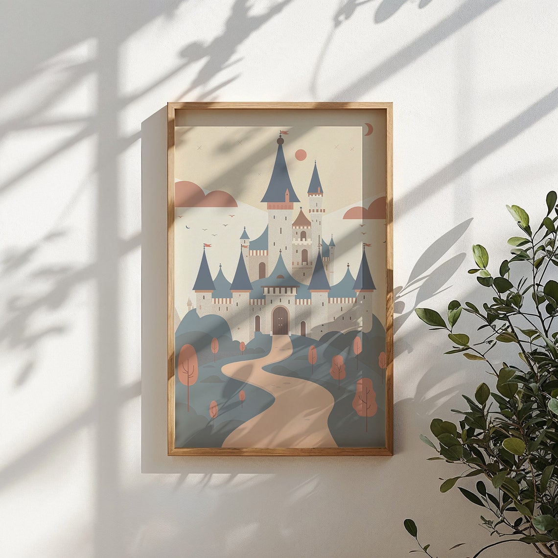 Enchanted Castle On Hill Pink Trees Winding Path Neutral Kids Poster - Image 6