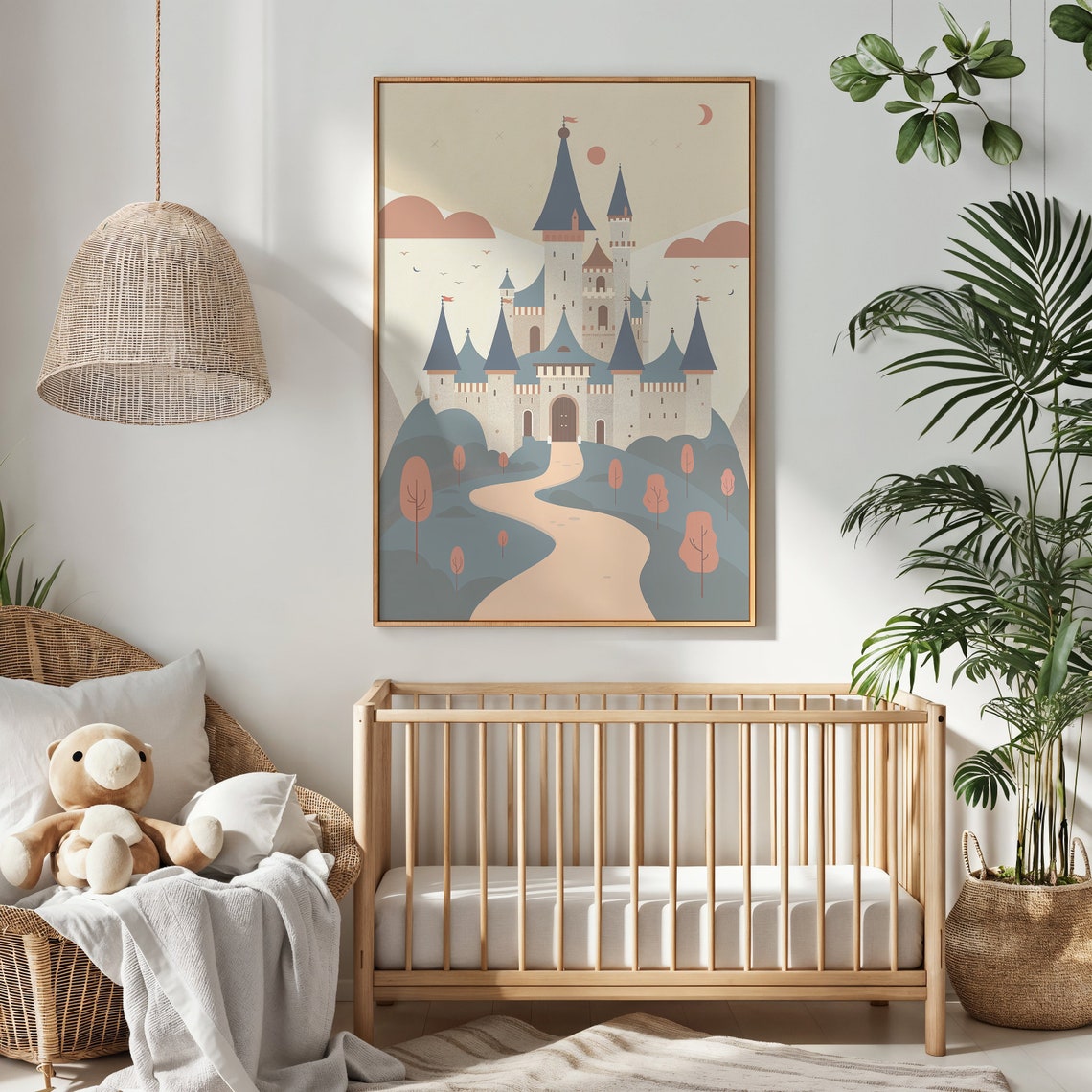 Enchanted Castle On Hill Pink Trees Winding Path Neutral Kids Poster - Image 4