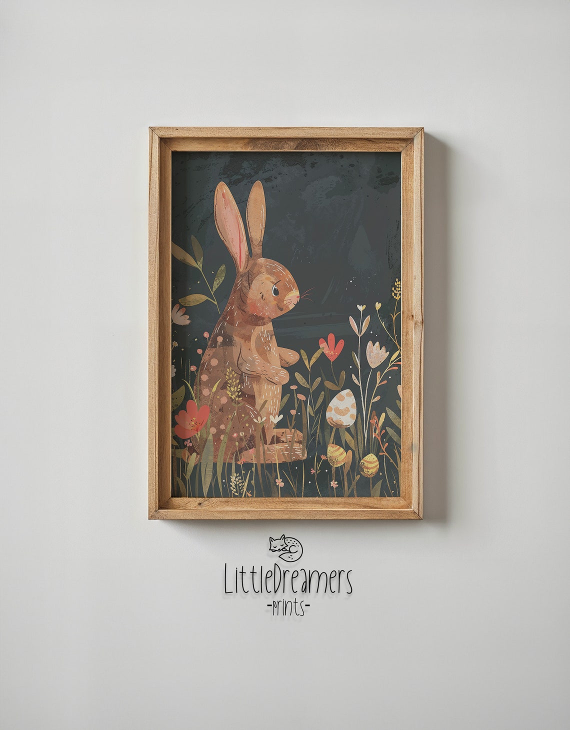 Brown Bunny Standing Dark Meadow Daisies Easter Eggs Folk Poster
