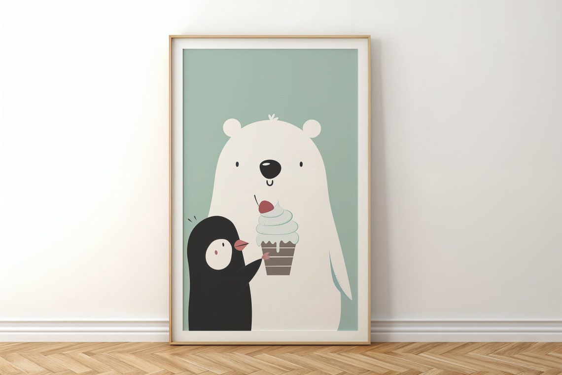 Polar Bear Penguin Sharing Ice Cream Mint Background Kids Poster - Image 3