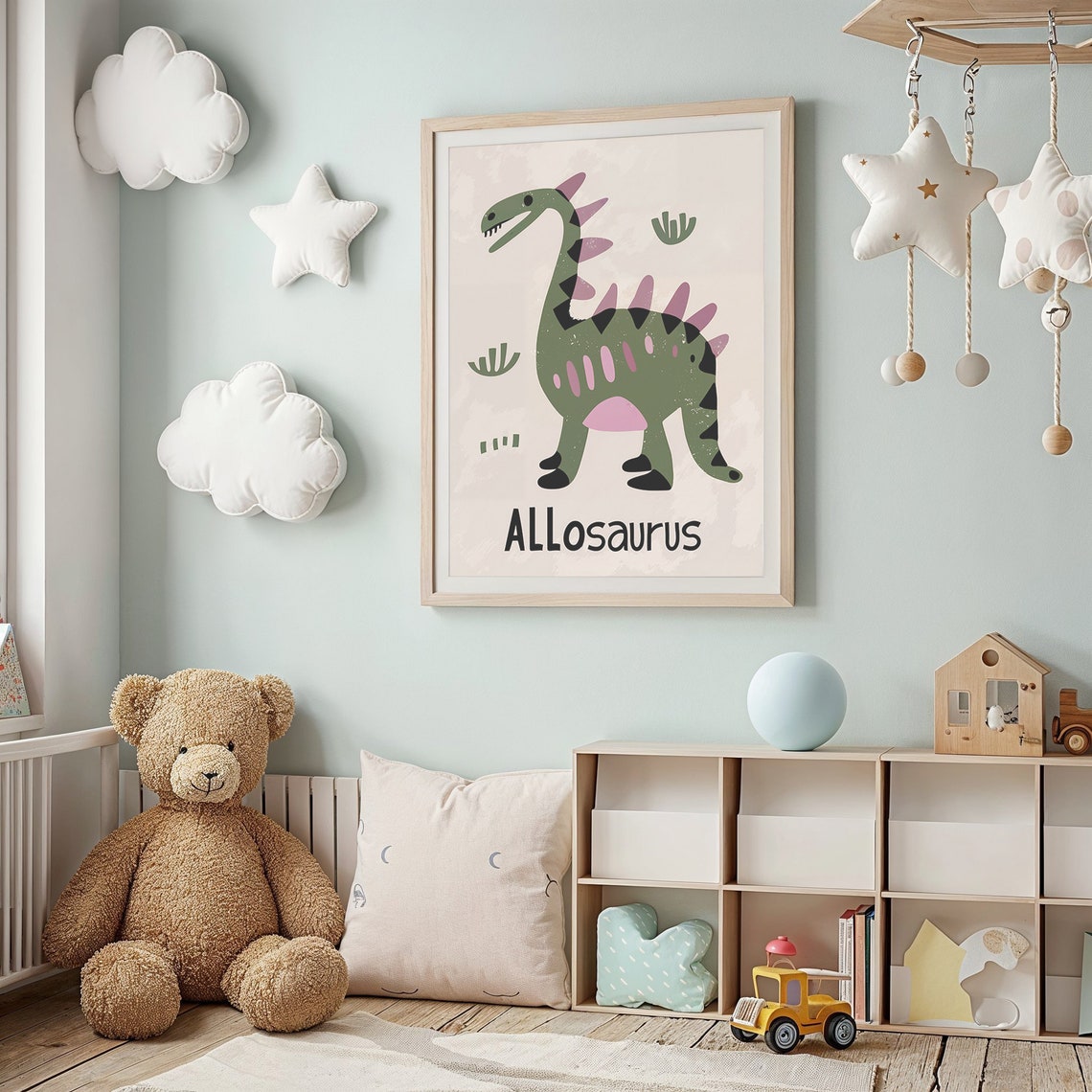Allosaurus Abstract Green Pink Dinosaur Educational Nursery Poster - Image 2