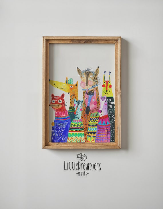 Colorful Animal Friends Safari Nursery Art Print