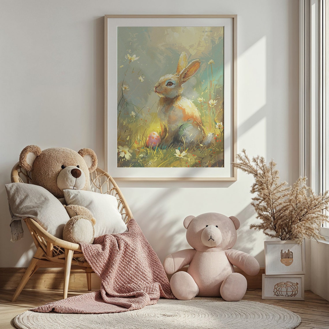 Sunny White Bunny Painterly Meadow Pink Easter Egg Nursery Poster - Image 3