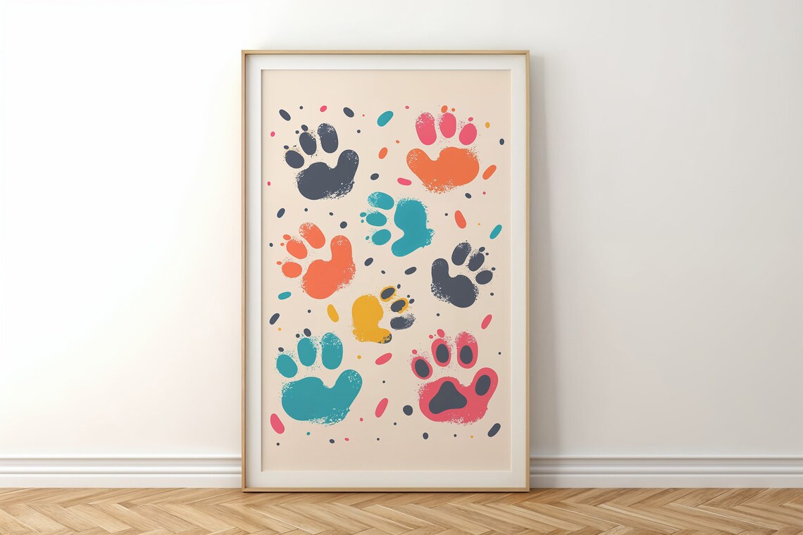 Watercolor Paw Prints Splash Cream Background Kids Nursery Art Poster - Image 5