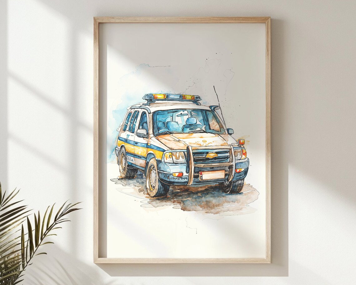 Watercolor Police SUV With Light Bar Kids Room Vehicle Wall Poster