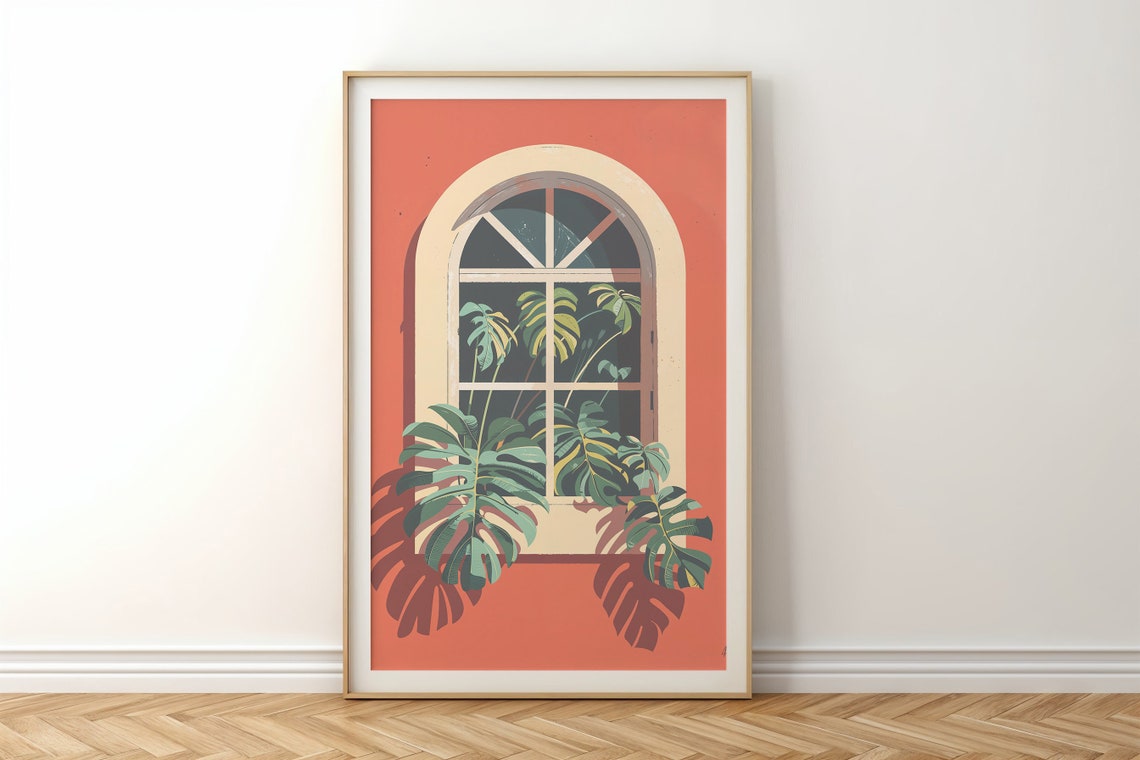 Monstera Greenery Arched Window Terracotta Wall Botanical Art Print - Image 5