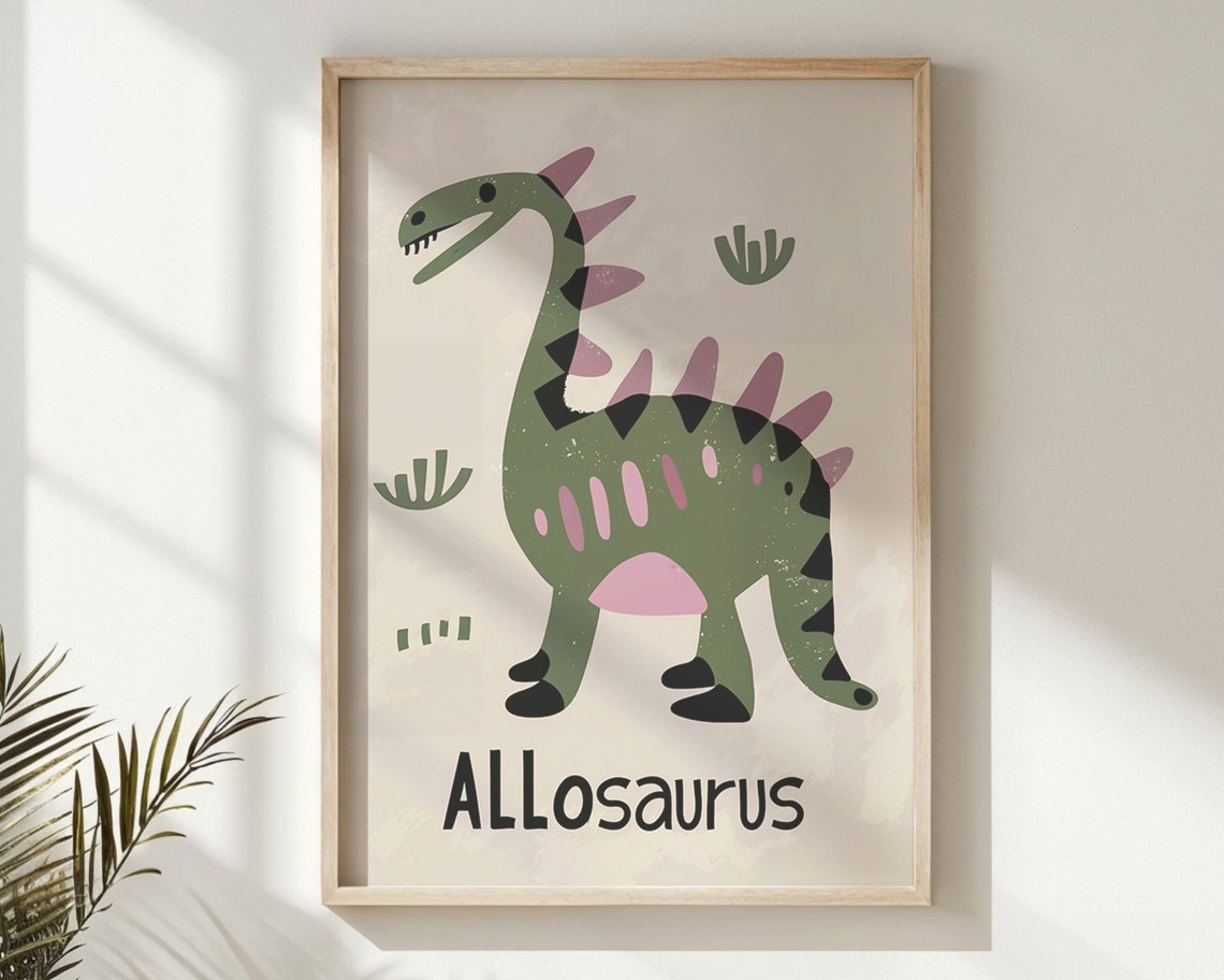 Allosaurus Abstract Green Pink Dinosaur Educational Nursery Poster