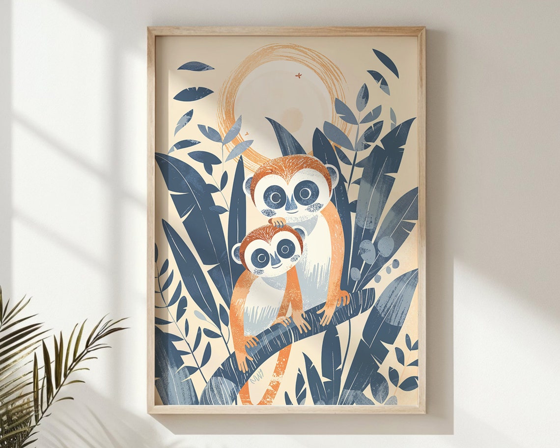 Two Monkeys Branch Nursery Poster Jungle Leaves Sun Kids Room Art