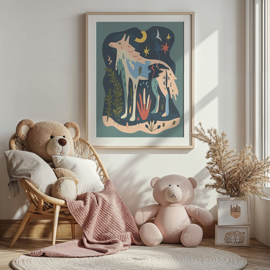 White Wolf Moonlight Stars Celestial Folk Art Animal Wall Poster - Image 4