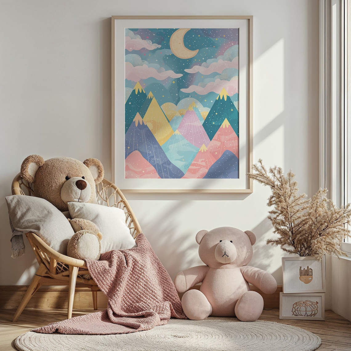 Whimsical Mountain Night Sky Moon and Stars Art Print - Image 4