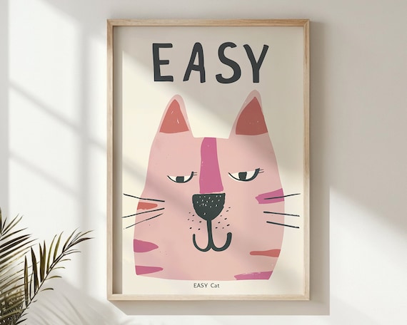 Pink Easy Cat Face Modern Kids Room Animal Illustration Wall Poster