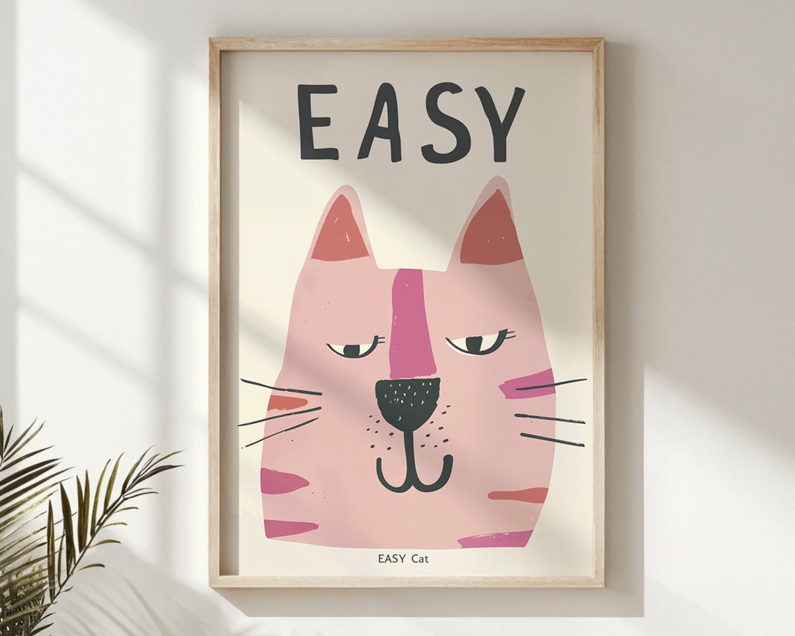 Pink Easy Cat Face Modern Kids Room Animal Illustration Wall Poster