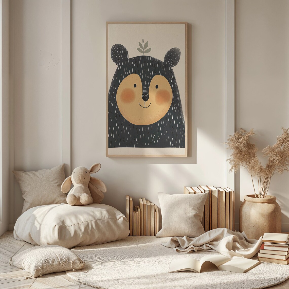 Cheerful Black Bear Cub Face Mustard Cheeks Modern Minimal Nursery Poster - Image 3
