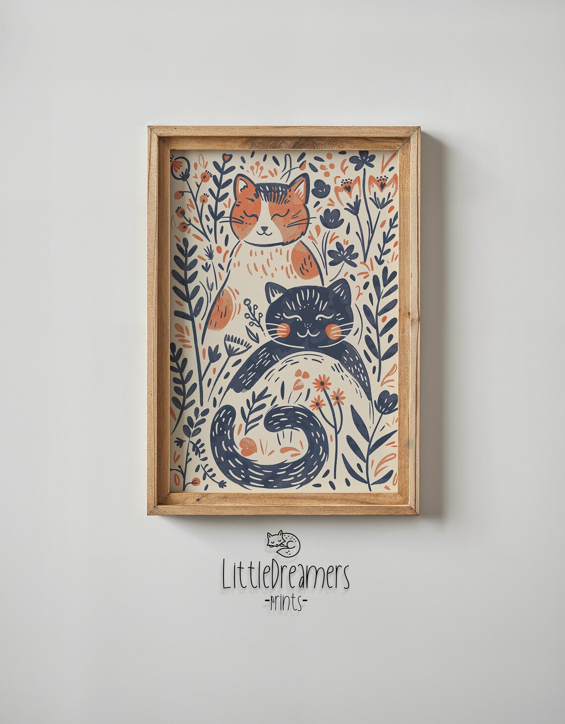 Floral Cats Illustration Orange And Navy Whimsical Kids Room Wall Art Poster - Image 6