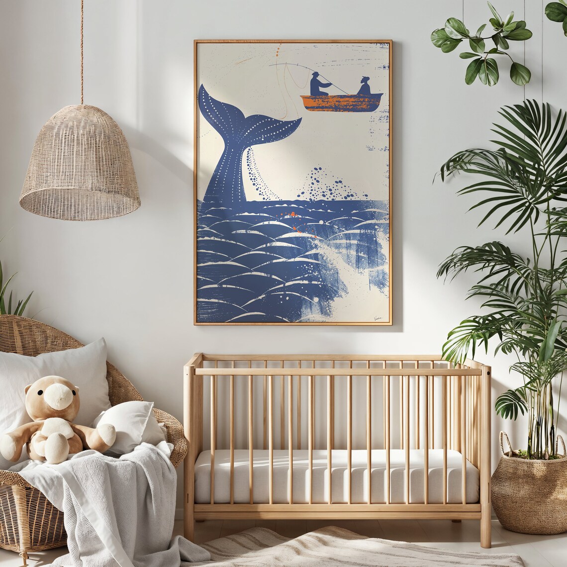 Whale Tail Two Fishermen Orange Boat Blue Cream Nautical Art Poster - Image 4