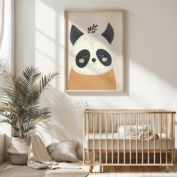 Sleepy Smiling Panda Face Tan Body Minimalist Nursery Poster