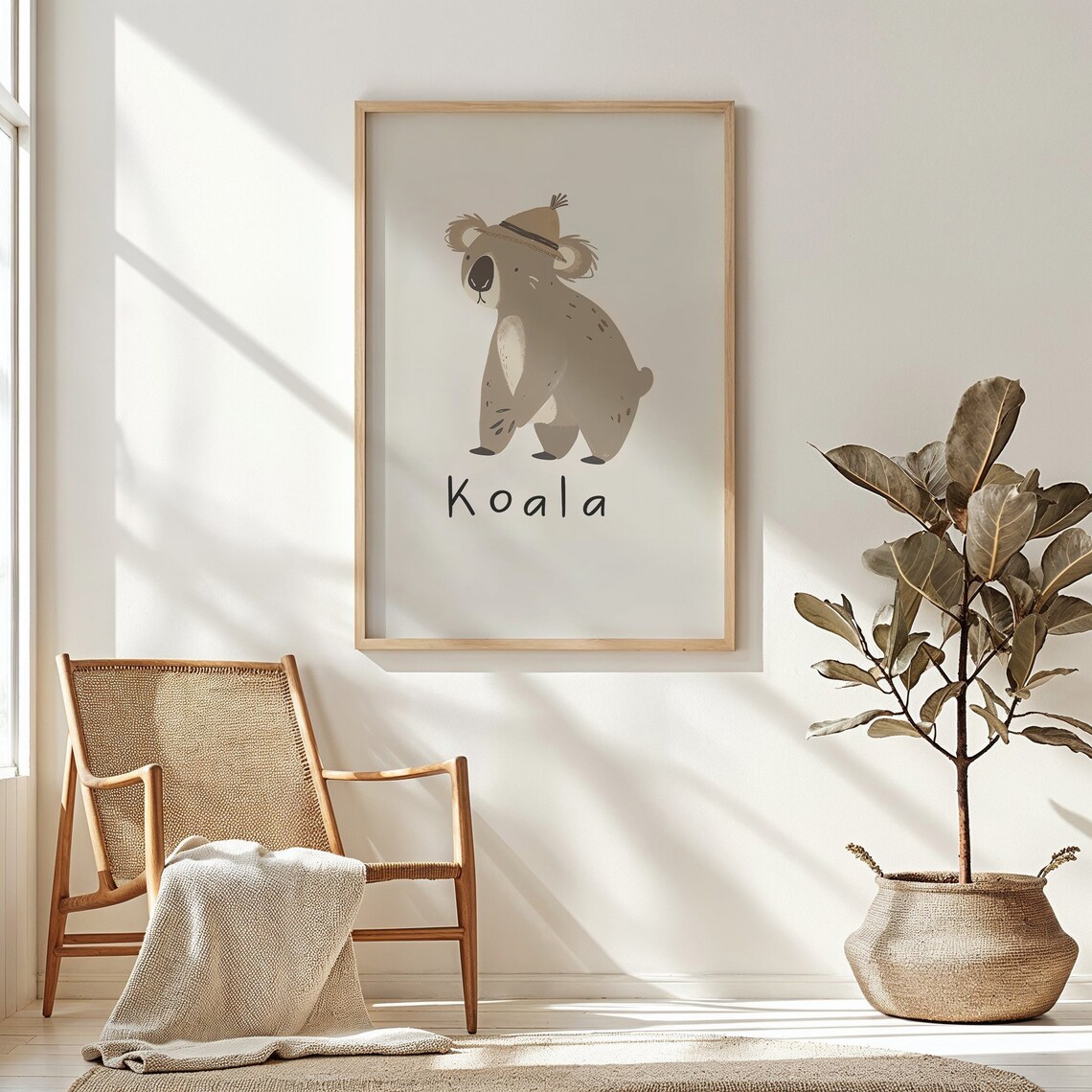Koala Wearing Hat Cream Background Kids Nursery Bedroom Art Poster