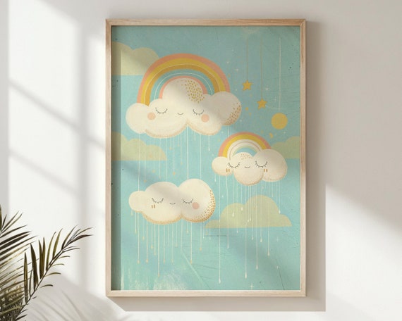 Sleepy Clouds And Rainbow Nursery Wall Art Kids Room Decor Stars And Moon Print Poster Whimsical Sky Childrens Gift Idea