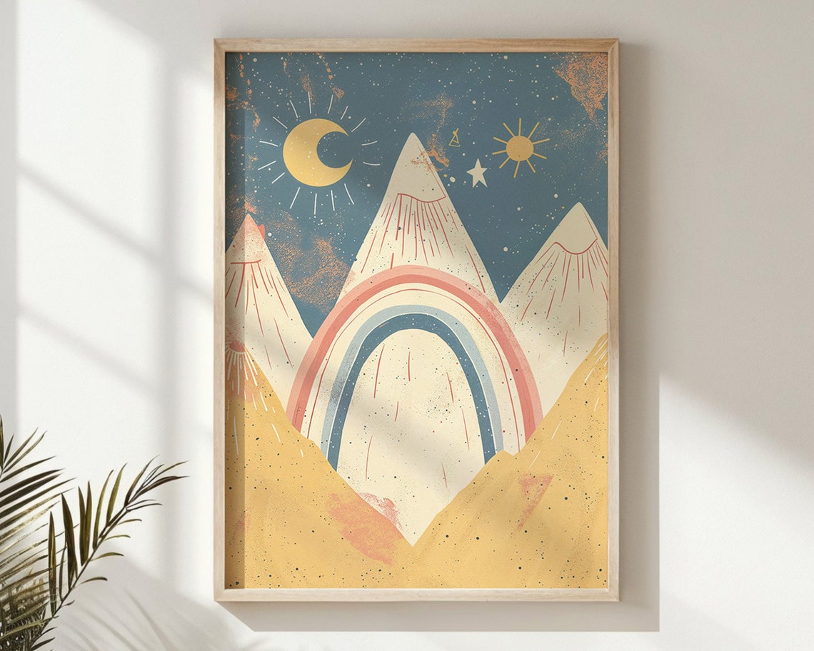 Mountain Landscape Nursery Wall Art Celestial Sun And Moon Kids Poster Childrens Room Decor Retro Rainbow Print Gift Idea - Image 6