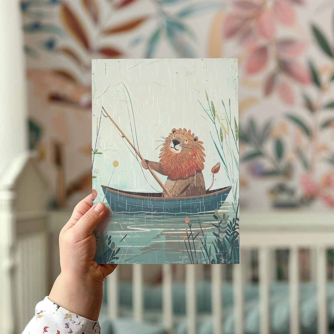 Lion Fishing From Boat Whimsical Lake Illustration Kids Wall Art Poster - Image 2