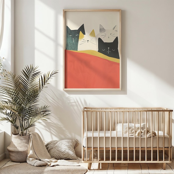 Four Minimalist Cats Tucked Under Red Blanket Nursery Poster