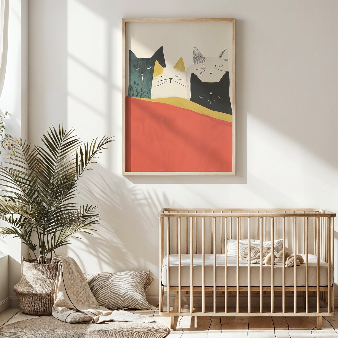 Four Minimalist Cats Tucked Under Red Blanket Nursery Poster
