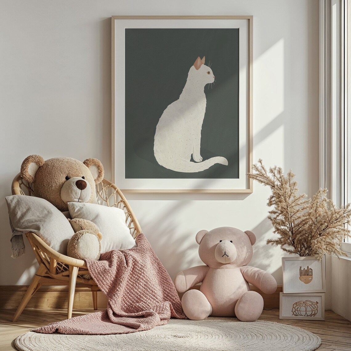 White Cat Nursery Art Print, Neutral Animal Illustration - Image 3