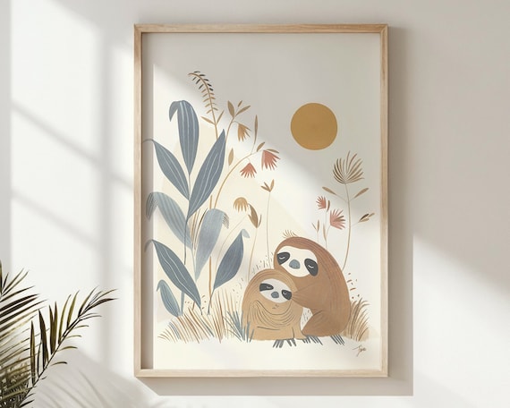Sloth Family Nursery Poster Sun Warm Botanical Cute Kids Room Art